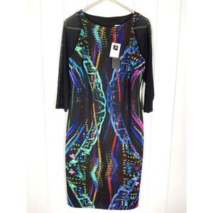 Joseph Ribkoff Black 3/4 Mesh Sleeve Colorful Cocktail Dress NWT Size 10